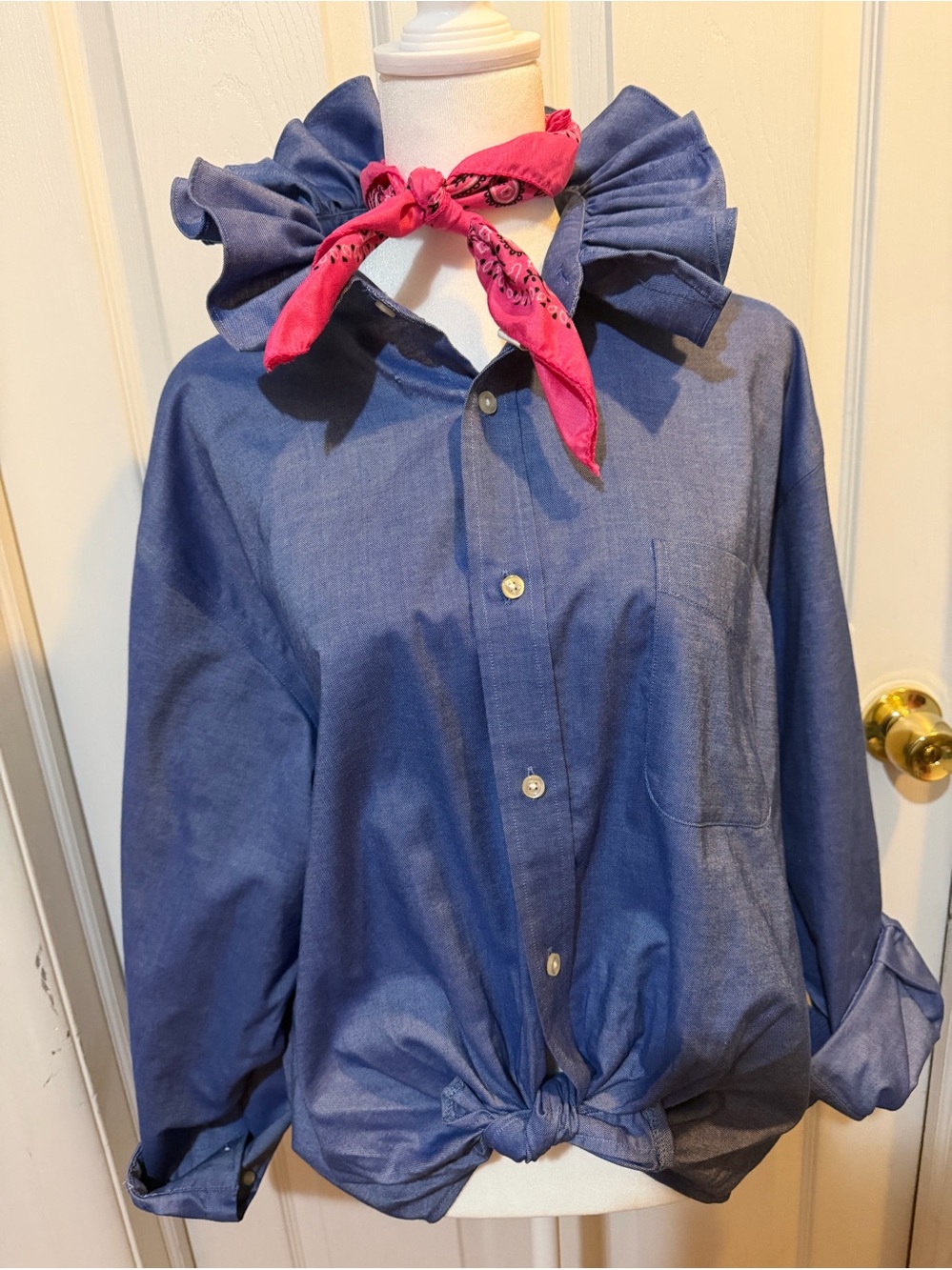 Women’s Upcycled One Of A Kind Ruffled Button Down Mens’s Lands End Shirt 17 1/2 - Picture 2 of 8